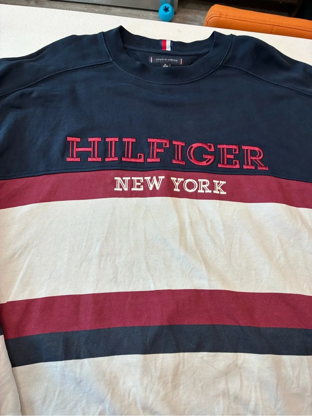 Tommy Hilfiger Navy, Cream & Burgundy Stripe Crewneck Sweater